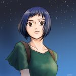  1girl ace_combat ace_combat_3 bangs blue_hair bob_cut breasts brown_eyes collarbone hirose_rena medium_breasts night night_sky parted_lips pilot shinji_(shinjisq) shirt short_hair signature sky star_(sky) upper_body 