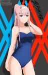  1girl artist_name bangs blank_stare blue_one-piece_swimsuit breasts closed_mouth contrapposto copyright_name cowboy_shot darling_in_the_franxx deviantart_username expressionless facebook_username green_eyes hair_between_eyes hair_ornament hairband highres horns long_hair long_neck looking_at_viewer medium_breasts one-piece_swimsuit oni_horns pink_hair pixiv_username ponytail red_horns shadow shugo19 solo straight_hair swimsuit thighs twitter_username watermark white_hairband zero_two_(darling_in_the_franxx) 