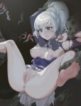  1girl ankle_grab anus armpits barefoot blue_eyes breasts censored clenched_teeth closed_mouth clothes_lift grey_hair high_ponytail highres imminent_rape legs_up long_hair long_sleeves medium_breasts miniskirt mosaic_censoring nipples pussy rwby scar scar_across_eye shiny shiny_hair shrug_(clothing) skirt skirt_lift soles spread_legs teeth torn_clothes v-shaped_eyebrows wangxiii weiss_schnee white_skirt 