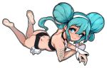  1girl absurdres aqua_eyes aqua_hair ass barefoot black_choker choker double_bun full_body goodsmile_racing hair_between_eyes hair_bun hairband hatsune_miku highres looking_at_viewer lying on_stomach racing_miku racing_miku_(2022) simple_background slugbox soles solo toes vocaloid white_background white_hairband 