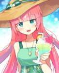  1girl absurdres bangs blunt_bangs blush character_request collarbone cup drinking_glass drinking_straw green_eyes hat highres holding holding_cup jewelry long_hair looking_at_viewer necklace offbeat open_mouth pink_hair puyopuyo smile solo sun_hat upper_body 