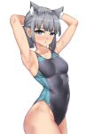  1girl absurdres animal_ear_fluff animal_ears arms_behind_head bangs black_one-piece_swimsuit blue_archive blue_eyes breasts casperrin competition_swimsuit covered_navel cross_hair_ornament extra_ears grey_hair hair_ornament halo highleg highleg_swimsuit highres low_ponytail medium_breasts medium_hair mismatched_pupils multicolored_clothes multicolored_swimsuit one-piece_swimsuit shiroko_(blue_archive) shiroko_(swimsuit)_(blue_archive) simple_background solo swimsuit white_background 