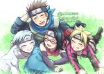  1girl 3boys age_difference black_hair blonde_hair blue_eyes boruto:_naruto_next_generations brown_hair character_request child closed_eyes commentary_request eyewear_on_head facial_mark female_child forehead_protector highres looking_at_viewer male_child mono_land multiple_boys naruto naruto_(series) on_grass on_ground outdoors short_hair smile teacher teacher_and_student uchiha_sarada uzumaki_boruto whisker_markings white_hair 