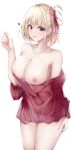  1921494015 1girl absurdres bare_shoulders blonde_hair breasts clothes_pull collarbone commentary_request fingernails hair_ribbon heart highres large_breasts long_sleeves looking_at_viewer lycoris_recoil nipples nishikigi_chisato open_mouth red_eyes red_ribbon red_shirt ribbon shirt shirt_pull short_hair simple_background solo thighhighs thighs white_background 