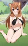  1girl :d absurdres animal_ears artist_name bangs barefoot bikini black_bikini blush breasts brown_hair cleavage foot_out_of_frame grass hair_between_eyes hand_on_ground highres indexxryo large_breasts long_hair looking_at_viewer o-ring o-ring_top open_mouth outdoors raccoon_ears raphtalia red_eyes seiza sitting smile solo swimsuit tate_no_yuusha_no_nariagari thigh_gap thighs watermark wavy_hair 