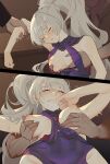  1girl 2boys arm_grab bangs bare_arms breast_grab breasts closed_eyes closed_mouth cum cum_on_body cum_on_breasts drooling facial grabbing grabbing_from_behind grey_hair hair_between_eyes high_ponytail highres long_hair medium_breasts multiple_boys nipples open_mouth rwby scar scar_across_eye sleep_molestation sleeping split_screen very_long_hair wangxiii weiss_schnee 