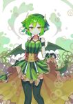  1girl absurdres blush breasts closed_mouth collarbone draco_centauros dragon_girl dragon_horns dragon_tail dragon_wings fingerless_gloves gloves goggles goggles_around_neck green_gloves green_thighhighs highres horns large_breasts looking_at_viewer offbeat official_alternate_costume pointy_ears puyopuyo puyopuyo_quest short_hair smile solo tail thighhighs wings 