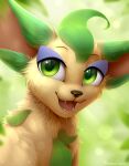  absurd_res ambiguous_gender big_ears black_nose bloominglynx blurred_background bust_portrait cheek_tuft cute_fangs eeveelution facial_tuft fur generation_4_pokemon glistening glistening_eyes green_body green_ears green_eyes green_fur hi_res leaf leafeon neck_tuft nintendo open_mouth open_smile pokemon pokemon_(species) portrait red_inner_ear red_tongue signature smile solo tongue tuft video_games yellow_body yellow_fur 