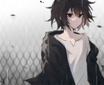  1boy black_jacket brown_eyes brown_hair chain-link_fence closed_mouth empty_eyes fence haoxiangshuijuea10323 highres hood hood_down hooded_jacket isoi_haruki jacket long_sleeves open_clothes open_jacket rain saibou_shinkyoku shirt short_hair solo upper_body white_shirt 