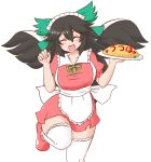  1girl alternate_costume apron bird_wings black_hair black_wings bow closed_eyes dress facing_viewer food green_bow hair_between_eyes hair_bow holding holding_plate leg_up long_hair maid_headdress mizusoba open_mouth plate red_dress red_footwear reiuji_utsuho simple_background smile solo thighhighs touhou waist_apron white_apron white_background white_thighhighs wings 