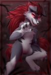  2021 absurd_res ambiguous_gender anthro black_claws black_nose bloominglynx blurred_background cheek_tuft chest_tuft claws elbow_tuft facial_tuft fangs featureless_crotch front_view fur generation_5_pokemon generation_7_pokemon glistening glistening_eyes grey_body grey_fur hair hi_res hybrid looking_at_viewer lycanroc nintendo nude open_mouth open_smile pokemon pokemon_(species) red_eyes red_hair red_sclera shoulder_tuft signature smile solo standing tuft video_games white_body white_fur zoroark 