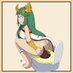  absurdres adictreader ass barefoot bottomless green_eyes green_hair hands_on_ass highres huge_ass kid_icarus palutena panties panty_pull scat smile squatting sweat toilet underwear 