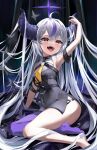  1girl absurdly_long_hair absurdres ahoge arm_support arm_up armpits ascot bangs bare_shoulders barefoot black_dress blush breasts demon_girl demon_horns dress feet full_body grey_hair highres hololive horns la+_darknesss legs long_hair looking_at_viewer multicolored_hair nishiro_hato open_mouth pantyhose pointy_ears purple_hair purple_pantyhose side_slit sidelocks single_leg_pantyhose sitting sleeveless sleeveless_dress small_breasts solo star_(symbol) streaked_hair striped_horns teeth thighs tongue tongue_out two-tone_hair very_long_hair virtual_youtuber yellow_ascot yellow_eyes yokozuwari 