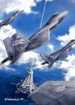  ace_combat ace_combat_7 aircraft airplane artist_name bird blue_sky cloud count_(ace_combat_7) day emblem f-15_eagle f-22_raptor fighter_jet haniwakun_2019 highres huxian jet lighthouse military military_vehicle osean_flag pilot scenery sky strider_squadron structure sunlight tower trigger_(ace_combat) twitter_username water 