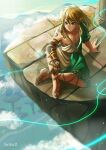  1boy asymmetrical_gloves asymmetrical_sleeves bangs blonde_hair blue_eyes blue_sky closed_mouth cloud cloudy_sky commentary_request day highres male_focus on_floor outdoors pillar pointy_ears sakuya_996 sandals sitting sky solo stone_floor the_legend_of_zelda the_legend_of_zelda:_breath_of_the_wild 
