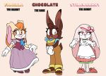  2022 anthro apron artisyone blue_kerchief blue_neckerchief boots brown_body brown_eyes brown_fur clothed clothing colored curtsey dress english_text fan_character female floppy_ears footwear fur gloves group hair hand_on_ear handwear hare hi_res high_heels kerchief lagomorph leporid long_ears looking_at_viewer mammal neckerchief orange_hair overalls pink_body pink_clothing pink_dress pink_eyes pink_fur plaid purple_clothing purple_dress rabbit sega simple_background slippers smile sonic_the_hedgehog_(series) standing tan_body tan_fur text trio vanilla_the_rabbit white_clothing white_gloves white_handwear yellow_clothing 