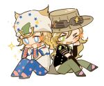  artist_request between_legs blonde_hair blue_eyes bright_pupils chibi english_commentary facial_hair goggles green_eyes green_lips gyro_zeppeli hair_between_eyes hand_between_legs hand_on_own_cheek hand_on_own_face hat horseshoe_ornament johnny_joestar jojo_no_kimyou_na_bouken long_hair male_focus one_eye_closed open_mouth second-party_source short_hair simple_background sitting smile sparkle star_(symbol) star_print steel_ball_run white_background white_pupils 