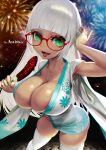  1girl breasts commission dark-skinned_female dark_skin glasses green_eyes green_nails highres hime_cut hiragana_oufu huge_breasts jewelry long_hair navel original round_eyewear skeb_commission solo thighhighs thighs very_long_hair white_hair yuka_(mikenekonomikan) 