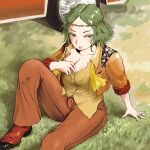  1girl alternate_costume alternate_hairstyle ascot bangs blush breasts car cleavage closed_mouth collared_shirt colored_eyelashes commentary_request foot_out_of_frame grass green_hair ground_vehicle hippie kazami_yuuka large_breasts looking_at_viewer motor_vehicle on_ground open_clothes open_shirt open_vest orange_pants orange_vest pants parted_bangs red_eyes red_footwear shirt shoes short_hair solo sukkiri_place touhou undone_ascot vest wavy_hair yellow_ascot yellow_shirt 