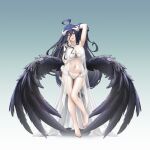  1girl albedo_(overlord) arm_behind_head armpits barefoot bikini black_feathers black_hair black_wings breasts collarbone commentary commission feathered_wings feathers gradient gradient_background hair_between_eyes hand_up highres horns large_breasts licking licking_finger long_hair looking_at_viewer low_wings navel nightgown o-ring o-ring_bikini overlord_(maruyama) see-through shizuko_hideyoshi solo standing standing_on_one_leg swimsuit toenails tongue tongue_out very_long_hair white_horns wings yellow_eyes 