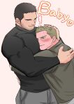  2boys bara between_pectorals black_shirt blush brown_hair chris_redfield closed_eyes closed_mouth comforting couple english_text face_to_pecs ghachi8_8 green_jacket grey_background grey_pants head_between_pecs highres jacket large_pectorals male_focus multiple_boys muscular muscular_male pants pectorals piers_nivans resident_evil resident_evil_6 shirt simple_background smile yaoi 