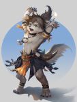  absurd_res anthro armlet belt blue_eyes boomerang bottomwear bracelet brown_hair canid canine canis claws clothed clothing digital_media_(artwork) ear_piercing ear_ring exposed_chest fabric feet fur grey_background hair hi_res jewelry kazashino leglet legwear loincloth looking_at_viewer male male_anthro mammal navel necklace open_mouth orange_undergarments piercing ponytail raising_arm ring_piercing short short_anthro simple_background solo tan_body tan_fur teeth_visible toe_claws tooth_necklace topless topless_anthro topless_male tribal wolf 