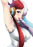  1girl arm_up armpits blush breasts hair_over_one_eye hair_rings headphones highres long_hair multicolored_hair one_piece open_mouth purple_eyes red_hair sideways_glance simple_background smile solo split-color_hair sweat two-tone_hair upper_body uta_(one_piece) white_background white_hair xter 