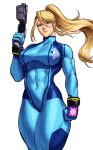  1girl absurdres bangs blonde_hair blue_eyes bodysuit breasts clenched_hand covered_navel gloves gun highres holding holding_weapon large_breasts long_hair looking_at_viewer metroid mole mole_under_mouth ponytail samus_aran sidelocks skin_tight solo sotcho weapon zero_suit 