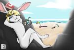  anthro beach blonde_hair blue_eyes charlie_(charliebnnuy) femboy_bunny femboy_rabbit fur girly glistening glistening_body hair hi_res lagomorph leporid male mammal oiled rabbit rock seaside solo white_body white_fur 