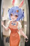  1girl :d absurdres animal_ears apron bangs blue_hair blue_neckerchief blue_ribbon blurry blush bunny-shaped_pupils carrot_hair_ornament collar commentary_request depth_of_field door doorknob entrance eyes_visible_through_hair fisheye food-themed_hair_ornament grey_collar hair_between_eyes hair_ornament hair_ribbon highres hololive indoors lnji_(rnlwls34) looking_at_viewer neckerchief official_alternate_costume opening_door orange_apron orange_eyes partial_commentary picture_(object) picture_frame pov puffy_short_sleeves puffy_sleeves rabbit_ears rabbit_girl ribbon round_teeth sailor_collar shiny shiny_hair shoes shoes_removed short_eyebrows short_hair short_sleeves short_twintails sidelocks smile solo standing symbol-shaped_pupils teeth thick_eyebrows twintails upper_teeth usada_pekora virtual_youtuber white_sailor_collar 