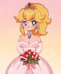  1girl aqua_eyes blonde_hair blue_eyes chelly_(chellyko) dress earrings flower gloves heart highres jewelry mario_(series) necklace ponytail princess_peach smile solo super_mario_odyssey tiara twitter_username wedding wedding_dress white_dress 