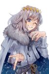  1boy ;d bangs blue_eyes blush cape cloak commentary_request crown diamond_hairband fate/grand_order fate_(series) fur-trimmed_cape fur-trimmed_cloak fur_collar fur_trim grey_hair grin hair_ornament highres kujiraoka long_sleeves looking_at_viewer male_focus medium_hair no_wings oberon_(fate) official_alternate_costume one_eye_closed puffy_sleeves simple_background smile solo sparkle tassel teeth upper_body white_background white_cloak white_hair 