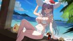 &gt;_&lt; 1girl arm_support arms_up artist_name azur_lane bangs bare_arms bare_legs bikini blue_sky blunt_bangs breasts choker cloud drink dutch_angle feet_out_of_frame flower frilled_bikini frills glass hand_on_headwear hat hat_flower highres knees_up large_breasts leaf leaning_back lens_flare light_blush long_hair looking_at_viewer maanu manjuu_(azur_lane) mountainous_horizon navel ocean outdoors parted_lips pink_eyes pink_hair plymouth_(azur_lane) sitting sky stomach sun_hat swimsuit thighs tropical_drink white_bikini white_choker white_headwear 