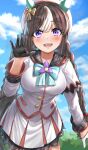  absurdres animal_ears beret black_hair blush braid breasts cloud collarbone commentary hat highres hokko_tarumae_(umamusume) horse_ears horse_girl large_breasts long_hair looking_at_viewer open_mouth purple_eyes ribbon sky take978733141 twin_braids umamusume waving 