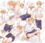  2boys :o ass axpohey8817 back bangs blonde_hair blue_shorts blush clothes_pull green_eyes groping hand_under_clothes highres holding_another&#039;s_leg leg_up lying multicolored_hair multiple_boys navel on_side open_mouth orange_hair project_sekai pulled_by_another shinonome_akito shirt short_hair shorts shorts_pull sitting socks sweat thighs translation_request two-tone_hair white_shirt yaoi 