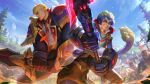  alternate_costume armor basket battle battle_academy_garen battle_academy_wukong blonde_hair blue_eyes blue_hair building clock clock_tower cloud cloudy_sky coat collared_coat collared_shirt delinquent feet_out_of_frame fighting_stance garen_(league_of_legends) gauntlets gloves highres ina_wong league_of_legends looking_to_the_side multicolored_hair muscular muscular_male necktie official_alternate_costume official_art open_clothes open_coat outdoors pants shirt short_hair shoulder_armor shoulder_pads sky smirk spiked_hair splashing staff sword tail teeth thick_eyebrows tower tree weapon white_hair wukong_(league_of_legends) yellow_eyes 