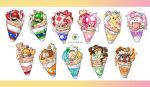  4girls 5boys apple black_eyes blonde_hair blue_eyes boo_(mario) brown_hair candy chibi chocolate closed_eyes cold cookie crepe crown earrings flower food fruit goomba happy hat heart ice_cream jewelry jollyrose_art luigi mario mario_(series) multiple_boys multiple_girls mushroom nintendo orange_(fruit) princess_daisy princess_peach rosalina smile star_(sky) star_(symbol) strawberry toad_(mario) toadette twitter_username white_background 