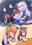  4girls ahoge animal_ears blue_eyes brown_hair chopsticks closed_mouth covered_mouth crying ear_bow ear_covers eating food hand_on_another&#039;s_head hand_to_own_mouth highres holding holding_chopsticks horse_ears horse_girl horse_tail long_hair mejiro_dober_(umamusume) mejiro_mcqueen_(umamusume) mihono_bourbon_(umamusume) multiple_girls noodles orange_hair purple_eyes purple_hair scared silence_suzuka_(umamusume) tail umamusume whitelily_bread 