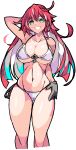  1girl absurdres ahoge arm_up arms_behind_head bangs bare_shoulders bikini breasts cleavage collarbone cross enpe gloves green_eyes guilty_gear guilty_gear_strive hair_between_eyes hand_on_hip highres jack-o&#039;_valentine large_breasts long_hair looking_at_viewer multicolored_hair navel open_mouth red_hair simple_background solo stomach swimsuit thigh_gap thighs two-tone_hair white_background white_bikini white_hair 