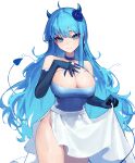  1girl absurdres ahoge bare_shoulders blue_eyes blue_flower blue_gloves blue_hair blue_rose breasts choker cleavage closed_mouth clothes_lift collarbone demon_horns demon_tail dress elbow_gloves flower gloves hair_between_eyes hair_flower hair_ornament halter_dress halterneck hand_on_own_chest highres horns large_breasts long_hair long_skirt looking_at_viewer low_neckline o-ring original rose side_slit simple_background skirt skirt_lift solo strapless tail tsurime tube_top very_long_hair white_background yoon_cook 