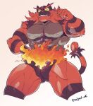  2022 abs anthro barazoku beckoning biceps big_bulge big_muscles bulge claws clothing fire fur generation_7_pokemon gesture hand_on_hip huge_muscles incineroar looking_at_viewer low-angle_view male muscular muscular_anthro muscular_male nintendo nipples obliques pecs pokemon pokemon_(species) redjack_036 simple_background solo speedo standing swimwear teeth text thick_thighs tuft url vein video_games white_background 