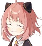  1girl ahoge anya&#039;s_heh_face_(meme) anya_(spy_x_family) bangs brown_eyes close-up eden_academy_uniform grin hair_ornament highres looking_at_viewer medium_hair meme pink_hair school_uniform simple_background smile solo spy_x_family sweetpotatojelly teeth white_background 