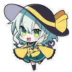  1girl black_headwear black_socks blush bow chibi full_body green_eyes green_hair hat hat_bow hat_ribbon highres komeiji_koishi looking_at_viewer open_mouth ribbon short_hair smile socks solo third_eye touhou transparent_background yellow_bow yellow_ribbon yoriteruru 