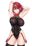  1girl absurdres armpits arms_up bangs bare_shoulders bob_cut breasts chest_jewel competition_swimsuit covered_navel deroo gem highres large_breasts looking_at_viewer one-piece_swimsuit pyra_(pro_swimmer)_(xenoblade) pyra_(xenoblade) red_eyes short_hair solo standing swept_bangs swimsuit thighhighs two-tone_swimsuit white_background xenoblade_chronicles_(series) xenoblade_chronicles_2 