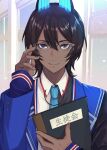  1boy arjuna_(fate) arjuna_alter_(fate) arjuna_alter_(student_council_president)_(fate) bangs black_eyes black_hair black_shirt blue_horns blue_jacket blue_necktie book closed_mouth collared_shirt commentary_request dark-skinned_male dark_skin fate/grand_order fate_(series) glasses glowing_horns hair_between_eyes highres holding holding_book horns indian_clothes jacket looking_at_viewer male_focus multicolored_shirt necktie official_alternate_costume rokuo016 shirt short_hair sleeves_past_wrists smile solo upper_body white_shirt 