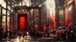  absurdres crowd crowded curtains day fantasy flag gate gold highres kuma_(darakehoudai) light light_rays marble_(stone) marble_floor original people red_theme scenery standing statue walking 