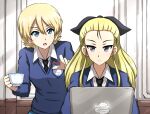  2girls assam_(girls_und_panzer) bangs black_ribbon blonde_hair blue_eyes blue_sweater braid closed_mouth commentary computer cup darjeeling_(girls_und_panzer) dress_shirt emblem frown girls_und_panzer hair_pulled_back hair_ribbon highres holding holding_cup indoors laptop long_hair long_sleeves multiple_girls omachi_(slabco) open_mouth pointing ribbon school_uniform shirt short_hair sitting st._gloriana&#039;s_(emblem) st._gloriana&#039;s_school_uniform standing sweater teacup twin_braids v-neck white_shirt wing_collar 