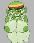  absurd_res anthro areola big_breasts breasts clothing double_v_sign female generation_9_pokemon genitals gesture green_areola green_hair green_nipples hair half-closed_eyes hat headgear headwear hi_res huge_breasts looking_at_viewer narrowed_eyes nintendo nipples nude open_mouth pokemon pokemon_(species) pussy red_eyes solo sprigatito thick_thighs v_sign video_games virito wide_hips 