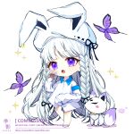  1girl animal animal_ears animal_hat bangs barefoot black_ribbon bow bowtie braid bug butterfly chibi collared_shirt commentary_request commission dress_shirt english_text fake_animal_ears fang flower fox full_body hair_ribbon hat highres holding holding_flower long_hair long_sleeves looking_at_viewer maplestory open_mouth pink_flower purple_eyes rabbit_ears raxa9501 ribbon shirt sleeves_past_fingers sleeves_past_wrists solo sparkle standing standing_on_one_leg twin_braids very_long_hair watermark web_address white_background white_hair white_headwear white_shirt yellow_bow yellow_bowtie 
