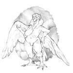  4_toes accipitriform anisodactyl anthro avian big_breasts bird breasts claws curvy_figure feathered_wings feathers feet female grind3r half-closed_eyes hi_res looking_at_viewer mature_anthro mature_female monochrome narrowed_eyes neck_tuft nude pubes simple_background smile smirk solo toes tuft voluptuous vulture white_background wide_hips wings 